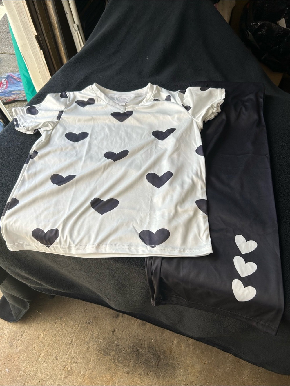 Kids White and Black Heart Shirt with Black Pants with 3 White Heart